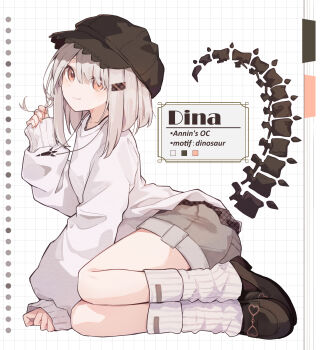 1girl annin_oekaki arm_support brown_hat brown_shoes brown_shorts closed_mouth commentary english_text full_body grid_background hat highres kneehighs long_sleeves looking_at_viewer medium_hair orange_eyes original reclining shoes shorts skeletal_tail sleeves_past_wrists smile socks solo sweater tail white_background white_hair white_socks white_sweater