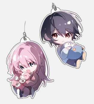 Rule 34 | 2girls, absurdres, bang dream!, bang dream! it's mygo!!!!!, brown eyes, chibi, chihaya anon, fang, grey eyes, hibioes, highres, long hair, long sleeves, multiple girls, open mouth, pink hair, pink shirt, shirt, simple background, skin fang, stuffed animal, stuffed dog, stuffed penguin, stuffed toy, takamatsu tomori, white background, white shirt