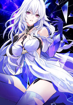 1girl bare_shoulders breasts chiya_(sere1) closed_mouth colored_inner_hair commentary_request crossed_bangs dress expressionless genshin_impact hair_between_eyes hand_up highres large_breasts long_hair looking_at_viewer multicolored_hair pink_eyes prosthesis prosthetic_arm prosthetic_leg revision skirk_(genshin_impact) solo star_(sky) starry_sky_background very_long_hair white_dress white_hair