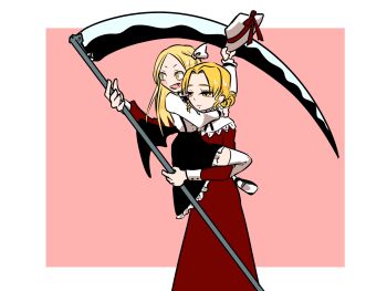 Rule 34 | 2girls, arms around neck, bat wings, black skirt, black suspenders, black wings, blonde hair, capelet, carrying, child carry, curly hair, dress, elly (touhou), fang, hair ribbon, half-closed eyes, hashtag-only commentary, hat, hat ribbon, highres, holding, holding scythe, holding unworn clothes, holding unworn hat, hug, kinuekun, kurumi (touhou), long sleeves, multiple girls, open mouth, red dress, red ribbon, ribbon, scythe, size difference, skirt, socks, straight hair, suspender skirt, suspenders, touhou, touhou (pc-98), unworn hat, unworn headwear, vampire, white capelet, white ribbon, white socks, wings, yellow eyes