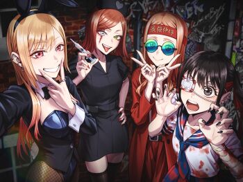 4girls animal_ear_hairband animal_ears aqua-tinted_eyewear bandaged_arm bandages black_bow black_bowtie black_dress black_eyes black_hair black_hat black_leotard black_nails black_suit black_thighhighs blonde_hair blood blood_on_clothes blue_sailor_collar blue_serafuku blue_shirt blue_skirt bow bowtie brick_wall brown_hair brown_pantyhose clenched_teeth closed_mouth coat collar collared_dress commentary_request cosplay detached_collar double_v dress ear_piercing earrings fake_animal_ears fingernails fishnet_pantyhose fishnets forced_smile formal_clothes glass graffiti green_eyes grey_eyes grin hachimaki hairband halloween halloween_costume hands_up hat headband heart heterochromia highres holding holding_syringe hoop_earrings izayoi_arisa izayoi_arisa_(cosplay) jewelry kitagawa_marin leotard long_fingernails long_hair looking_at_viewer multiple_girls nail_polish nurse_cap official_alternate_costume open_mouth pantyhose paw_pose piercing pink_eyes pink_nails playboy_bunny r777668 rabbit_ear_hairband rabbit_ears red_coat red_nails ring round_eyewear sailor_collar school_uniform serafuku shirt short_dress short_hair skirt smile sono_bisque_doll_wa_koi_wo_suru sugaya_nowa suit syringe tailcoat tailcoat_playboy_bunny teeth thighhighs tinted_eyewear tongue tongue_out traditional_bowtie twintails v v_over_mouth white_collar white_shirt yahiro_daia yamauchi_rune yellow_nails