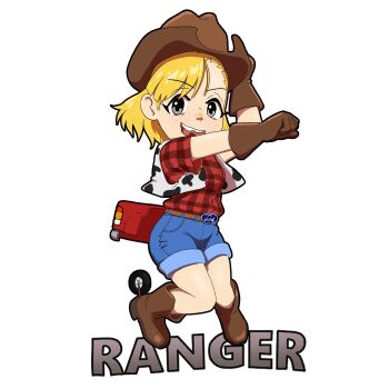 Rule 34 | 1girl, alpha transparency, animal print, belt, belt buckle, blonde hair, blue shorts, boots, breasts, brown belt, brown boots, brown gloves, buckle, chipped tooth, clenched hand, commentary, cow print, cowboy boots, cowboy hat, death by lolis, english commentary, ford, ford ranger, freckles, full body, gloves, hat, highres, knees together feet apart, open mouth, original, personification, plaid clothes, plaid shirt, red shirt, shirt, shirt tucked in, short shorts, shorts, small breasts, smile, solo, spurs, transparent background, vest, white vest