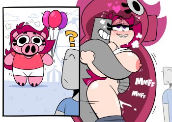 1girl 2boys amusement_park ass biting_own_lip blush breasts carnival cum from_behind heart highres large_breasts long_hair mascot_costume multiple_boys nipples pants purple_eyes red_hair sex stealth_sex sweat unworn_pants