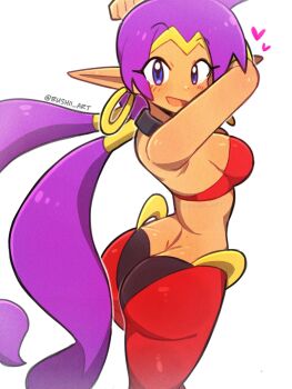 1girl ass blue_eyes bra bracelet breasts bushii_(bo0xhy) dark-skinned_female dark_skin earrings heart jewelry large_breasts long_hair pants pointy_ears purple_hair shantae shantae_(series) twintails underwear very_long_hair white_background