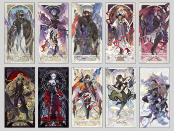 angel_wings art_nouveau beelzebub_(granblue_fantasy) belial_(granblue_fantasy) blonde_hair braid brown_hair card_(medium) commentary_request everyone feathered_wings granblue_fantasy helel_ben_sahar_(granblue_fantasy) helel_ben_shalem highres long_hair low_twintails lucifer_(shingeki_no_bahamut) lucilius_(granblue_fantasy) lucio_(granblue_fantasy) multiple_wings osamu_(jagabata) raziel_(granblue_fantasy) sandalphon_(granblue_fantasy) short_hair tarot tarot_(medium) twintails very_long_hair white_hair white_wings wings