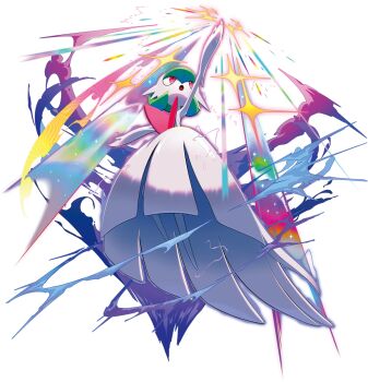 :o bob_cut full_body gardevoir gen_3_pokemon glowing highres looking_up mega_gardevoir mega_pokemon nintendo non-web_source official_art outstretched_arms pink_eyes pokemon pokemon_(creature) solo transparent_background
