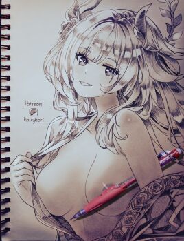 1girl absurdres areola_slip breasts censored commentary cyrene_(demiurge)_(honkai:_star_rail) cyrene_(honkai:_star_rail) diamond-shaped_pupils diamond_(shape) english_commentary greyscale halo harri.hari highres honkai:_star_rail honkai_(series) japanese_clothes kimono large_breasts long_hair looking_at_viewer monochrome novelty_censor paid_reward_available patreon_username pen photo_(medium) smile solo symbol-shaped_pupils very_long_hair