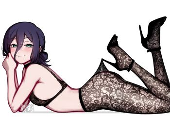 1girl ass black_choker black_pantyhose black_shoes blushyspicy breasts chainsaw_man choker closed_mouth commentary english_commentary floral_print_pantyhose from_side green_eyes hair_between_eyes high_heels hooked_on_heel lace_pantyhose lace_pantyhose_hooked_on_heel_(meme) looking_at_viewer lying meme on_stomach pantyhose photo-referenced reze_(chainsaw_man) shoes simple_background smile solo white_background