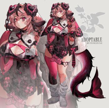 1girl :/ adoptable animal_ears artist_name bell black_bow black_choker bow braid breasts chain choker cleavage closed_mouth commentary cow_ears cowbell dress english_commentary eyelashes fins fish_tail grey_background hair_between_eyes hair_bow heart heart_print highres huge_breasts lanyard leg_warmers long_hair looking_at_viewer multiple_hair_bows original pink_bow pink_hair purple_eyes purple_tail purple_thighhighs shoes single_braid single_thighhigh skindentation sleeves_past_fingers sleeves_past_wrists standing tail thick_thighs thigh_strap thighhighs thighs watermark white_leg_warmers white_shoes wide_sleeves yusu_zune zoom_layer