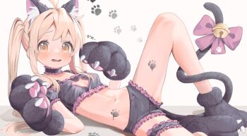 1girl absurdres ahoge alternate_hairstyle animal_ear_fluff animal_ears animal_hands bare_shoulders bell black_bra black_panties blonde_hair blush bow bra breasts cat_ears cat_lingerie cat_paws choker female_focus frilled_bra frilled_choker frilled_garter frilled_panties frilled_thigh_strap frills genderswap genderswap_(mtf) gloves highres huge_filesize jingle_bell lazu0721 loli long_hair looking_at_viewer lying midriff navel official_alternate_costume official_alternate_hairstyle on_back on_floor onii-chan_wa_oshimai! open_mouth oyama_mahiro panties paw_gloves paw_print pink_bow sidelocks simple_background small_breasts solo spread_legs tail tail_bell tail_bow tail_ornament tearing_up thigh_strap underwear white_background yellow_eyes