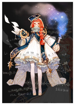 1girl :o black_background blue_capelet blue_gloves blunt_bangs book boots border capelet dress flask frilled_dress frills full_body glasses gloves hair_over_shoulder half_gloves hat highres holding holding_book holding_flask long_hair long_sleeves looking_at_viewer math medium_dress mortarboard multi-tied_hair neck_ruff number_print open_book orange_hair original paper physics red-framed_eyewear red_eyes roman_numeral round-bottom_flask round_eyewear senryoko short_bangs smoke solo standing star_(symbol) stole thigh_boots trapeze_dress white_boots white_border white_dress wide_sleeves zoom_layer