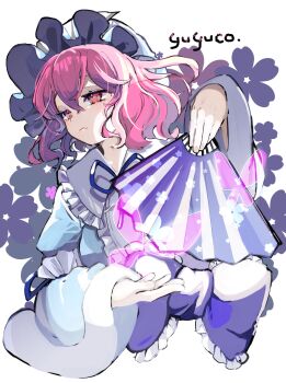 1girl blue_kimono bow bug butterfly character_name commentary contrast_collar cropped_torso expressionless floral_background folding_fan frilled_bow frilled_sailor_collar frills hair_between_eyes hall_jion hand_fan highres holding holding_fan insect japanese_clothes kimono long_sleeves looking_ahead paper_fan pink_butterfly pink_eyes pink_hair purple_bow saigyouji_yuyuko sailor_collar solo touhou upper_body white_sailor_collar