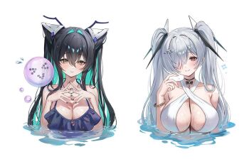 2girls aqua_hair bikini breasts cinderella_(nikke) cleavage colored_inner_hair commentary_request goddess_of_victory:_nikke grey_hair hair_intakes korean_commentary large_breasts little_mermaid_(nikke) long_hair mrr_05 multicolored_hair multiple_girls red_eyes simple_background smile swimsuit upper_body white_background yellow_eyes