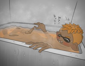 1boy blush dark_skin inkling_boy inkling_player_character japanese_text kombain male_focus nintendo penis shota solo splatoon_(series)