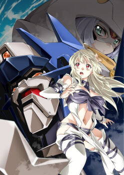 2girls ahoge armadillo blonde_hair breasts commentary_request despair feet_out_of_frame flower hair_flower hair_ornament highres jinrouki_winvurga large_breasts long_hair mashiro_(jinrouki_winvurga) mecha multiple_girls official_art open_mouth red_eyes robot tsunashima_shirou wolf_cut