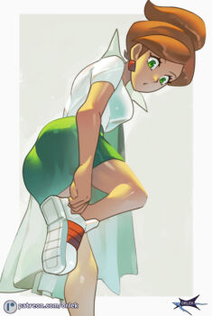1girl adjusting_footwear ass border breasts brown_hair closed_mouth commentary earrings eyelashes green_eyes green_skirt grey_background jewelry leg_up looking_down nintendo no_socks orlek patreon_logo pokemon pokemon_bw professor_juniper shiny_skin shirt shoes short_hair short_sleeves skirt small_breasts sneakers solo watermark web_address white_border white_shirt white_shoes
