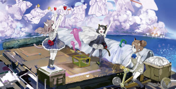 Rule 34 | 3girls, animal ears, black hair, black legwear, bloomers, blue eyes, brown eyes, brown hair, cat ears, cat tail, clothes pin, clothesline, cloud, day, dress, hair bun, highres, horns, kneeling, long hair, multiple girls, ocean, open mouth, original, pantyhose, single hair bun, single horn, tail, underwear, uturo