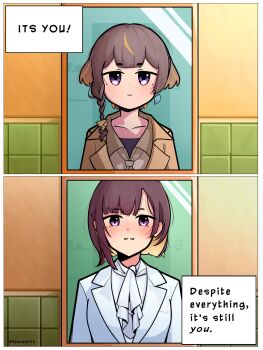 2girls anya_melfissa anya_melfissa_(indonesian_casual) ascot blonde_hair blush bow brown_hair colored_inner_hair despite_everything_it&#039;s_still_you_(meme) grin highres hololive hololive_indonesia izuki_michiru jacket looking_at_viewer meme mirror multicolored_hair multiple_girls official_alternate_costume purple_eyes sedisedi143 shirt short_hair smile streaked_hair two-tone_hair virtual_youtuber white_ascot white_shirt