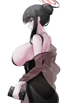 1girl absurdres bag bare_shoulders black_dress black_hair blue_archive blush breasts dress hair_bun halo handbag highres jewelry large_breasts long_hair looking_at_viewer necklace pearl_necklace red_eyes rio_(blue_archive) rio_(dress)_(blue_archive) see-through_clothes see-through_shawl shawl sideboob sidelocks solo yuki_(asayuki101)
