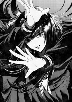 1girl arms_up blunt_bangs character_request copyright_request floating_hair from_above greyscale hair_intakes highres long_hair looking_at_viewer mole mole_under_eye monochrome neckerchief oniyama831 palms parted_lips pleated_skirt school_uniform screentones serafuku skirt smile solo spread_fingers