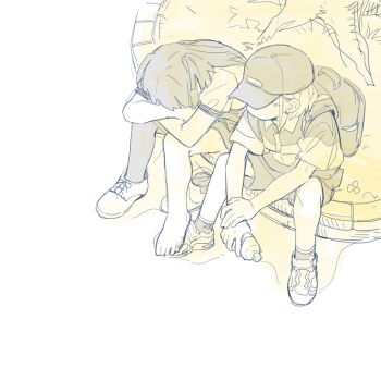 2girls backpack bag baseball_cap bottle closed_mouth crossed_arms d.y.x. dot_mouth from_above hat head_down holding holding_bottle holding_own_wrist idolmaster idolmaster_shiny_colors injury looking_at_another looking_to_the_side mayuzumi_fuyuko monochrome multiple_girls negative_space outdoors oxfords polo_shirt puffy_short_sleeves puffy_sleeves scrape serizawa_asahi shoes short_sleeves shorts side-by-side single_bare_foot single_shoe sitting skirt sneakers socks thighhigh_removed tree two_side_up