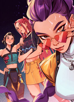 3girls adjusting_eyewear black_hair braid brown_eyes choker commentary crop_top double_bun earrings eyebrow_piercing face_piercing hair_bun hashtag-only_commentary heart heart-shaped_eyewear huntrix jewelry kpop_demon_hunters lesly_oh long_hair looking_over_eyewear mira_(kpop_demon_hunters) multiple_girls necklace pants piercing pink-tinted_eyewear pink_hair purple_hair red-tinted_eyewear ring rumi_(kpop_demon_hunters) shirt skirt sunglasses tinted_eyewear twintails white_shirt zoey_(kpop_demon_hunters)