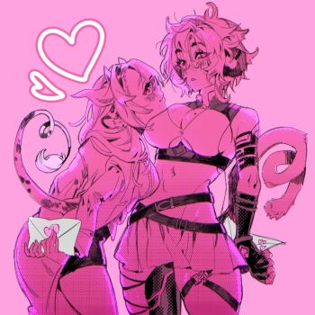 Rule 34 | 2girls, animal ears, bimbwoh, breasts, cleavage, cleavage cutout, clothing cutout, cow ears, cow girl, cow horns, cow tail, crelly, cyborg, envelope, eye contact, heart, highres, horns, indie virtual youtuber, koko d. nuts, large breasts, leotard, long hair, looking at another, mechanical arms, miniskirt, mole, mole on breast, mole under mouth, monkey ears, monkey girl, monkey tail, multiple girls, off-shoulder cardigan, red eyes, short hair, sideboob, skirt, smile, tail, thick thighs, thigh strap, thighs, underboob, virtual youtuber, yuri