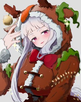 1girl animal_costume animal_ears animal_hood antlers blunt_bangs blush bobonbo bow bowtie breasts christmas christmas_ornaments ears_through_hood fake_antlers fur-trimmed_headwear fur_trim gold_ship_(umamusume) grey_hair highres hood hood_down horns horse_ears horse_girl large_breasts long_hair long_sleeves looking_at_viewer official_alternate_costume open_mouth purple_eyes red_bow red_bowtie reindeer_costume reindeer_hood smile solo sparkle umamusume upper_body