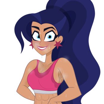 1girl abs armpits blue_eyes blue_hair blush breasts collarbone dc_comics dc_super_hero_girls earrings eyelashes hands_on_own_hips jewelry large_breasts lips long_hair midriff oracle_(pixiv_34419145) pink_sports_bra ponytail simple_background smile sports_bra steam steaming_body sweat sweat_stain sweaty_clothes toon_(style) upper_body very_long_hair white_background wonder_woman wonder_woman_(series)