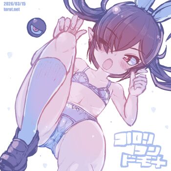 1girl ;o animal_ear_hairband animal_ears backbeako_(torotei) backbeard black_hair black_shoes blush bow bow_bra bow_panties bra breasts cameltoe commentary crotch_seam dated dated_commentary fake_animal_ears fingernails flat_chest gegege_no_kitarou hair_over_one_eye hairband kono_lolicon_domome leg_up loli long_hair looking_at_viewer navel one_eye_closed open_mouth original paid_reward_available panties pointy_ears rabbit_ear_hairband rabbit_ears red_eyes shoes simple_background small_breasts socks solo teeth torotei translated twintails underwear underwear_only upper_teeth_only watermark web_address white_background white_bra white_panties white_socks