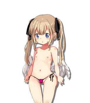 1girl :o angel angel_wings ariel_(oukoku_no_shugo_tenshi) blue_eyes breasts brown_hair cameltoe collarbone completely_nude cowboy_shot elbow_blush feathered_wings game_cg hair_between_eyes hair_ribbon hikaru_(sgst) inverted_nipples long_hair navel nipples non-web_source nude oukoku_no_shugo_tenshi panties pink_panties pointy_ears ribbon shoulder_blush side-tie_panties sidelocks simple_background small_breasts solo standing tachi-e tareme transparent_background twintails underwear variant_set very_long_hair white_wings wings