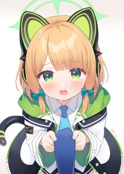 1girl absurdres animal_ear_headphones animal_ears artist_name black_jacket black_shorts black_tail blonde_hair blue_archive blue_necktie blunt_bangs blush bow buttons cat_ear_headphones cat_ears cat_tail chinese_commentary clothes_grab collared_shirt commentary_request cowboy_shot dated fake_animal_ears fake_tail furrowed_brow gradient_background green_bow green_eyes green_halo green_jacket hair_bow halo headphones highres jacket long_sleeves looking_at_viewer low-tied_sidelocks midori_(blue_archive) multicolored_jacket necktie necktie_grab neckwear_grab open_clothes open_jacket open_mouth parted_bangs pov shirt shorts sidelocks signature solo_focus tail tears textless_version two-sided_fabric two-sided_jacket unbuttoned untucked_shirt wavy_mouth white_background white_jacket white_shirt wide_sleeves zcx