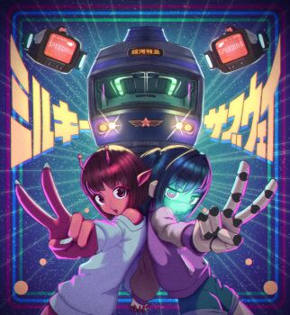 2girls absurdres alien android antennae back-to-back border colored_skin copyright_name fingernails glowing highres holding_hands interlocked_fingers ivanmz jacket jersey kujo_chiharu kurusu_makina_(milky_galactic_universe) letterman_jacket long_fingernails looking_at_viewer mechanical_hands milky_galactic_universe milky_subway milky_☆_subway:_the_galactic_limited_express multiple_girls off-shoulder_sweater off_shoulder pointy_ears purple_jacket red_eyes red_skin robot robot_girl short_shorts shorts sweater train v white_nails white_sweater