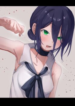 Rule 34 | 1girl, absurdres, black choker, black ribbon, blood, blush, chainsaw man, choker, commentary, green eyes, grenade pin, hair between eyes, highres, long hair between eyes, neck ribbon, reze (chainsaw man), ribbon, simple background, sleeveless, solo, user kdhu8377