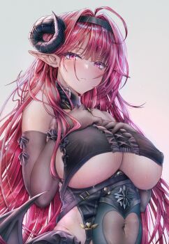1girl absurdres azur_lane black_collar black_horns black_wings breasts center_frills closed_mouth collar commander_kei covered_erect_nipples crop_top curled_horns detached_collar elbow_gloves eyelashes frills gloves hands_on_own_chest highres hindenburg_(azur_lane) horns long_hair low_wings mole mole_under_eye pink_eyes pointy_ears red_hair revision see-through_clothes solo sweat underboob wings