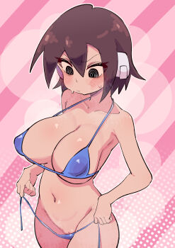 1girl absurdres aile_(mega_man_zx) bikini black_eyes blue_bikini blush breasts brown_hair buzzlyears covered_erect_nipples cowboy_shot highres large_breasts mega_man_(series) mega_man_zx open_clothes pink_bag pussy ringed_eyes robot_ears short_hair solo sweat swimsuit untied_bikini