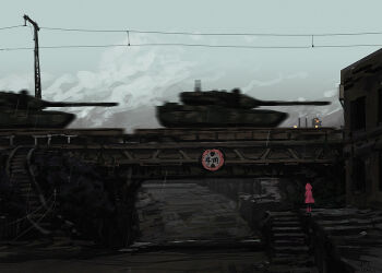 1girl bridge day elevated_railway industrial landscape lhlclllx97 military_vehicle motor_vehicle original railroad_tracks smokestack solo stairs tank train war