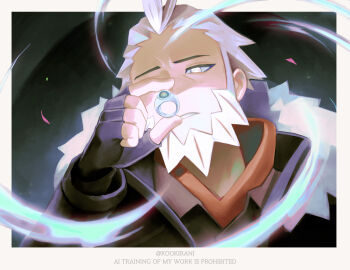 Rule 34 | 1boy, absurdres, beard, black gloves, facial hair, fingerless gloves, fur-trimmed jacket, fur trim, gloves, highres, holding, holding jewelry, holding ring, jacket, jewelry, kookirani, long sleeves, lysandre (pokemon), male focus, mega ring, nintendo, parted lips, pokemon, pokemon legends: z-a, ring, shirt, upper body