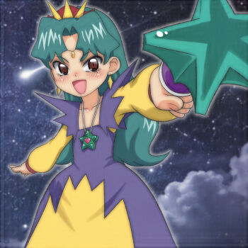 1girl blush brown_eyes cloud collarbone cosmic_baton_girl_comet-san dress earrings green_hair heart heart_necklace holding holding_wand jewelry long_hair long_sleeves looking_at_viewer magical_girl meteor_(comet-san) necklace night night_sky open_mouth purple_dress shooting_star sky smile space standing star_(sky) star_(symbol) star_necklace starry_sky t_jiroo_(ringofriend) tiara wand