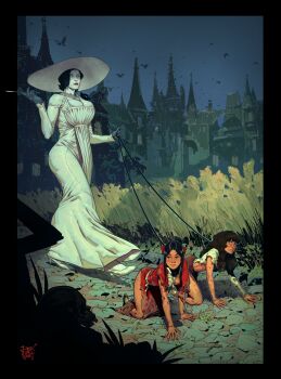 Rule 34 | 3girls, absurdres, alcina dimitrescu, all fours, black gloves, black hair, box of want, breasts, brown hair, castle, cigarette holder, cleavage, colored skin, dark-skinned female, dark skin, dress, femdom, gloves, hat, height difference, high heels, highres, holding, holding leash, large breasts, leash, multiple girls, outdoors, pet play, resident evil, resident evil village, shirt, shoes, sun hat, torn clothes, torn shirt, white dress, white hat, white shirt, white shoes, white skin, wide brim