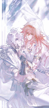 2boys absurdres alternate_costume ancient_greek_clothes antenna_hair arm_tattoo armlet blonde_hair blue_eyes braid cape chest_tattoo chinese_commentary chiton clawed_gauntlets commentary_request earrings facial_tattoo gold_earrings gold_necklace gold_vambraces gradient_hair greco-roman_clothes hand_on_another's_face highres holding_another's_wrist honkai:_star_rail honkai_(series) huuuhjjj jewelry male_focus medium_hair multicolored_hair multiple_boys mydei_(honkai:_star_rail) necklace pants parted_bangs phainon_(honkai:_star_rail) red_hair red_tattoo short_hair side_braid tattoo veil watermark weibo_watermark white_cape white_hair white_pants white_veil yaoi yellow_eyes