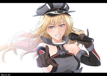 1girl absurdres anchor_choker atodashi bare_shoulders bismarck_(kancolle) bismarck_drei_(kancolle) blonde_hair blue_eyes breasts brown_gloves commentary_request detached_sleeves gloves grey_hat grin hat highres holding holding_microphone kantai_collection letterboxed medium_breasts microphone peaked_cap sideboob simple_background smile solo sweat upper_body white_background wind