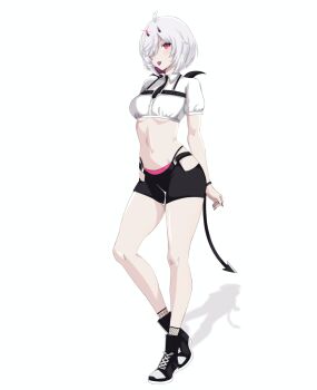 1girl absurdres ahoge black_necktie black_shoes black_shorts breasts colored_inner_hair commentary cropped_shirt demon_girl demon_horns demon_tail english_commentary full_body hair_over_one_eye highres horns indie_virtual_youtuber looking_at_viewer medium_breasts multicolored_hair nano_(nanoless) navel necktie pink_eyes pink_horns sharp_teeth shirt shoes short_hair shorts solo standing tail teeth tongue tzeencth_(artist) underboob virtual_youtuber white_background white_hair white_shirt
