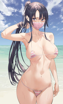 1girl areola_slip arm_up armpits beach bikini black_hair blue_sky blush breasts cleavage cloud collarbone covered_erect_nipples cowboy_shot day female_pubic_hair gluteal_fold groin highres hiiragi_yuuichi horizon large_breasts long_hair looking_at_viewer mask micro_bikini mouth_mask navel ocean original outdoors paid_reward_available ponytail pubic_hair pubic_hair_peek purple_eyes sidelocks skindentation sky solo standing string_bikini striped_bikini striped_clothes surgical_mask swimsuit very_long_hair water