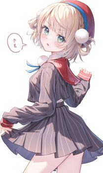 1girl beret blonde_hair blush braid breasts commentary_request dot_nose green_eyes grey_shirt grey_skirt hair_ornament hat highres indie_virtual_youtuber looking_at_viewer miniskirt parted_lips pinstripe_pattern pinstripe_shirt pinstripe_skirt pleated_skirt pom_pom_(clothes) pom_pom_hair_ornament red_hat shigure_ui_(vtuber) shirt short_hair side_part simple_background skirt skirt_set sleeves_past_wrists solo speech_bubble toki_(toki_ship8) virtual_youtuber white_background