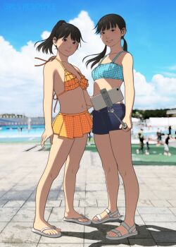 2girls bare_shoulders bikini bikini_skirt black_hair blue_bikini blue_sky blunt_bangs blurry cellphone closed_mouth cloud cloudy_sky cumulonimbus_cloud day denim denim_shorts depth_of_field frilled_bikini frills full_body grin halterneck highres mole mole_under_mouth multiple_girls navel orange_bikini original outdoors parted_bangs phone polka_dot polka_dot_bikini ponytail selfie_stick shinchou_ni_kansuru_kousatsu short_hair shorts sky slippers smartphone smile standing strap strapless swimsuit tube_top twintails white_slippers