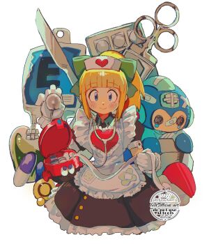 1girl apron black_dress blonde_hair blush_stickers closed_mouth commentary dress eddie_(mega_man) halloween hat high_ponytail highres long_hair mega_man_(character) mega_man_(classic) mega_man_(series) nurse_cap ponytail roll_(mega_man) simple_background smile solo_focus srnhuyuno symbol-only_commentary watermark white_apron white_background