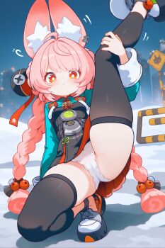 1girl absurdres ahoge animal_ear_fluff animal_ear_piercing animal_ears blush braid bright_pupils furry furry_female hair_ornament highres juixy loli long_hair looking_at_viewer original panties pink_fur pink_hair rabbit_ears rabbit_girl red_eyes shirt short_eyebrows solo thick_eyebrows twin_braids underwear white_pupils zenless_zone_zero zhao_(zenless_zone_zero)