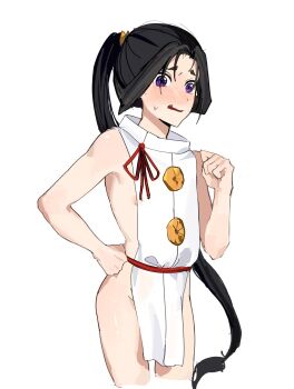 1boy absurdres artist_request bare_shoulders black_hair blush bottomless highres houjou_tokiyuki_(nige_jouzu_no_wakagimi) japanese_clothes kimono long_hair looking_at_viewer male_focus nige_jouzu_no_wakagimi open_mouth pelvic_curtain ponytail purple_eyes shota sideless_kimono solo standing trap very_long_hair white_background