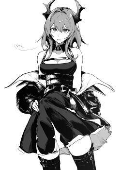 1girl absurdres arknights belt belt_buckle boots breasts buckle chest_belt cleavage commentary cowboy_shot dress greyscale hair_between_eyes hair_intakes hand_on_own_hip highres horns infection_monitor_(arknights) jacket long_hair long_sleeves looking_at_viewer medium_breasts monochrome multiple_belts off_shoulder open_mouth simple_background solo standing surtr_(arknights) thigh_boots utsuke white_background zipper_pull_tab